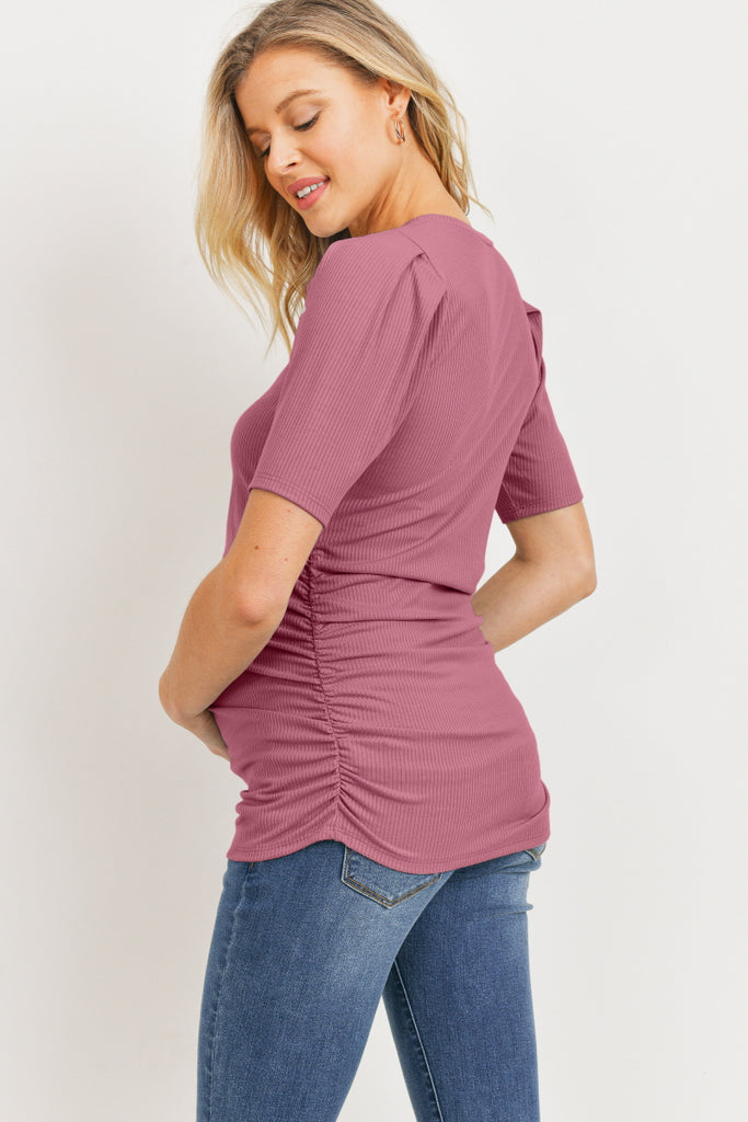 Dark Rose Puff Sleeve Ribbed Maternity Top