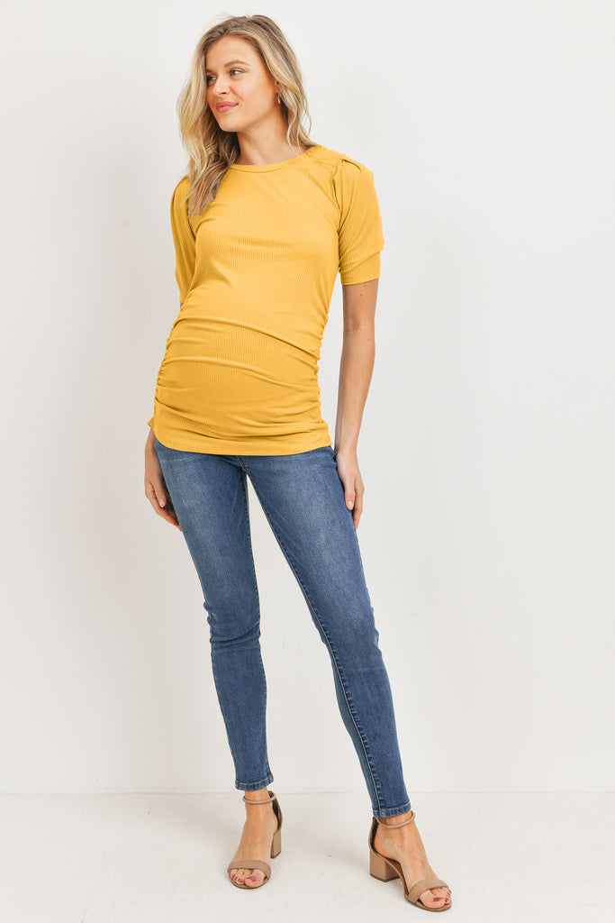 Mustard Puff Sleeve Ribbed Maternity Top