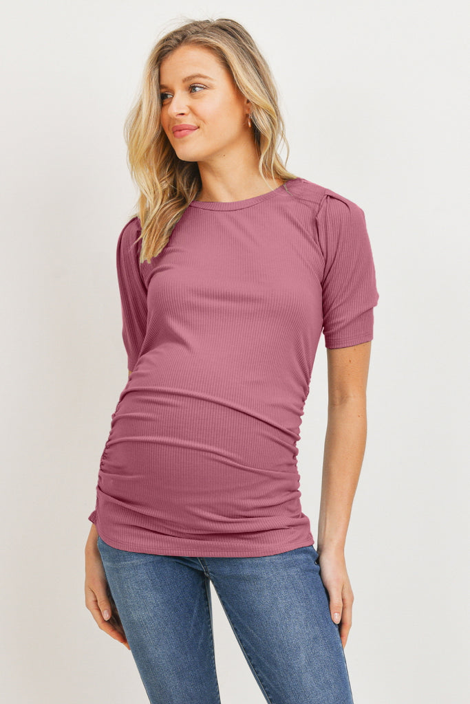 Dark Rose Puff Sleeve Ribbed Maternity Top