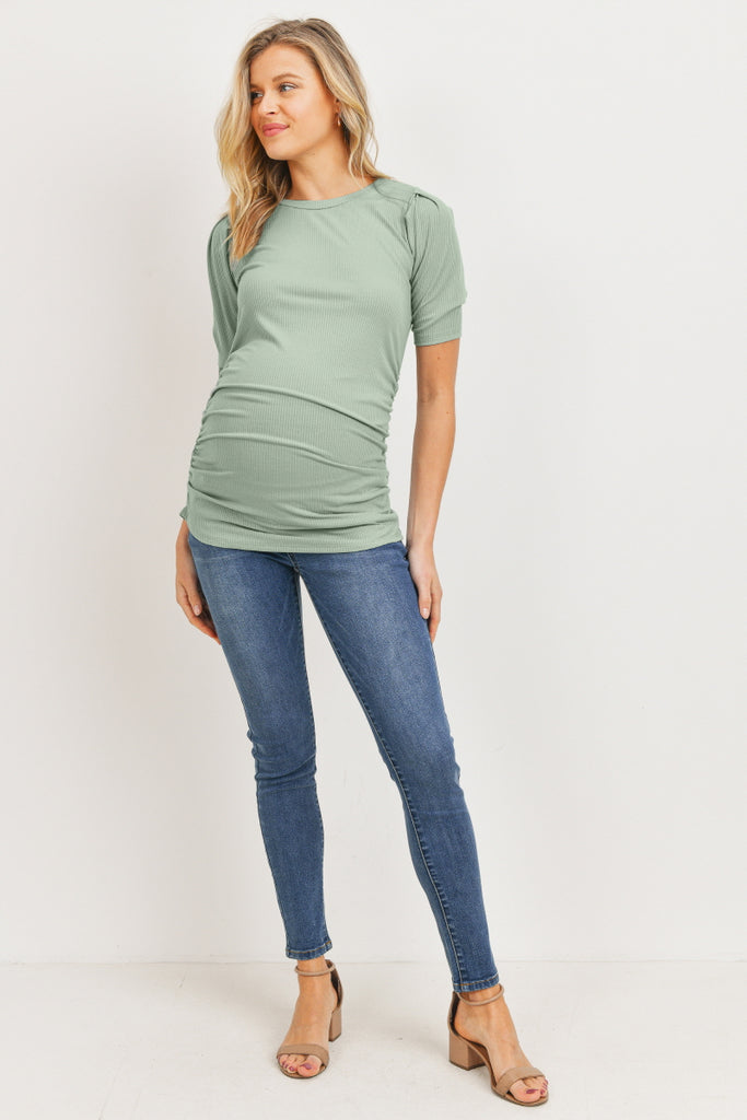 Sage Puff Sleeve Ribbed Maternity Top