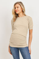 Oatmeal Puff Sleeve Ribbed Maternity Top
