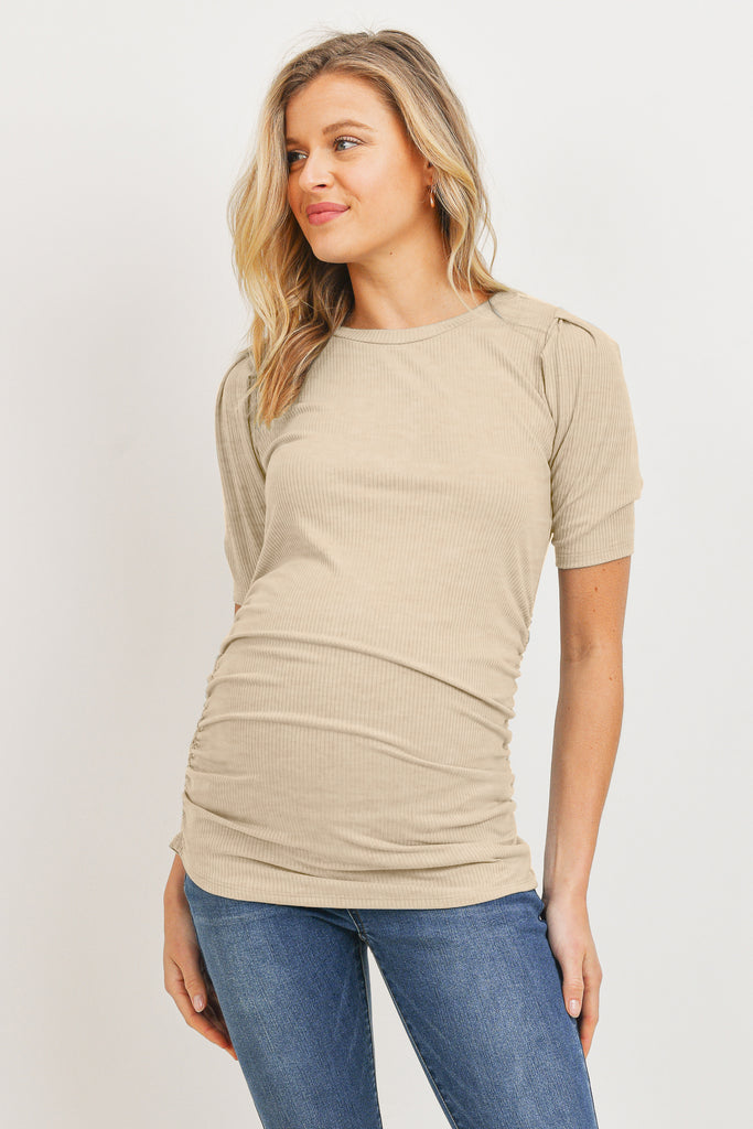 Oatmeal Puff Sleeve Ribbed Maternity Top