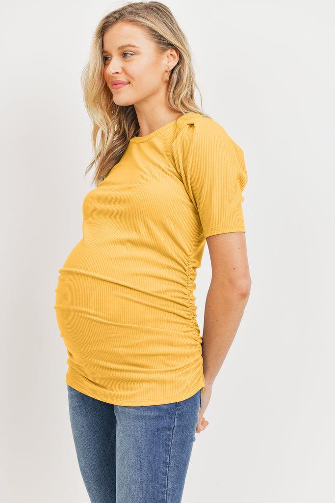 Mustard Puff Sleeve Ribbed Maternity Top