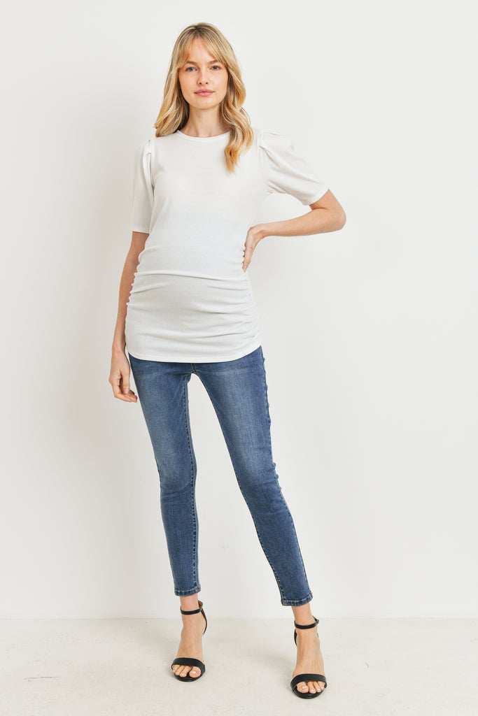 Off White Puff Sleeve Ribbed Maternity Top