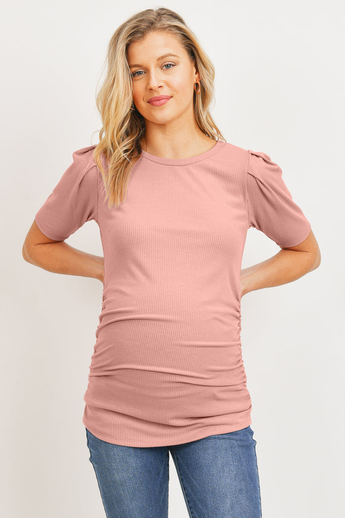 Dusty Pink Puff Sleeve Ribbed Maternity Top