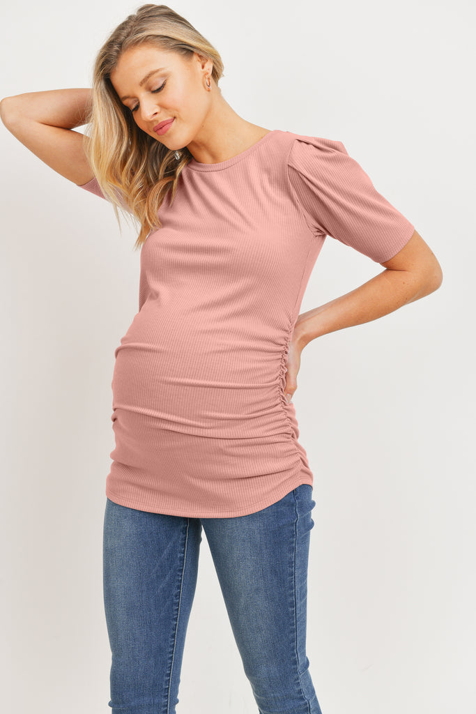 Dusty Pink Puff Sleeve Ribbed Maternity Top