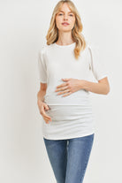 Off White Puff Sleeve Ribbed Maternity Top