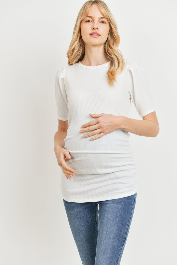 Off White Puff Sleeve Ribbed Maternity Top