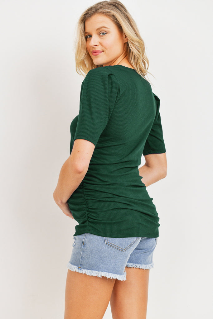 Hunter Green Puff Sleeve Ribbed Maternity Top