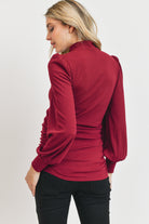 Burgundy Puff Shoulder Ribbed Maternity Mock Neck Top