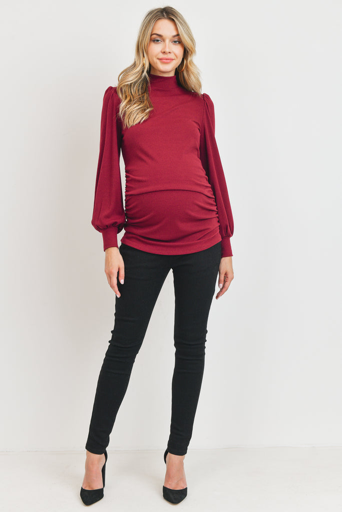 Burgundy Puff Shoulder Ribbed Maternity Mock Neck Top