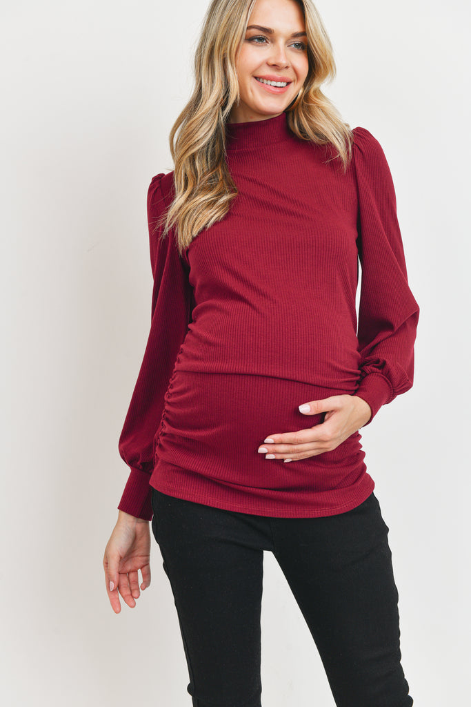 Burgundy Puff Shoulder Ribbed Maternity Mock Neck Top