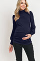 Navy Puff Shoulder Ribbed Maternity Mock Neck Top