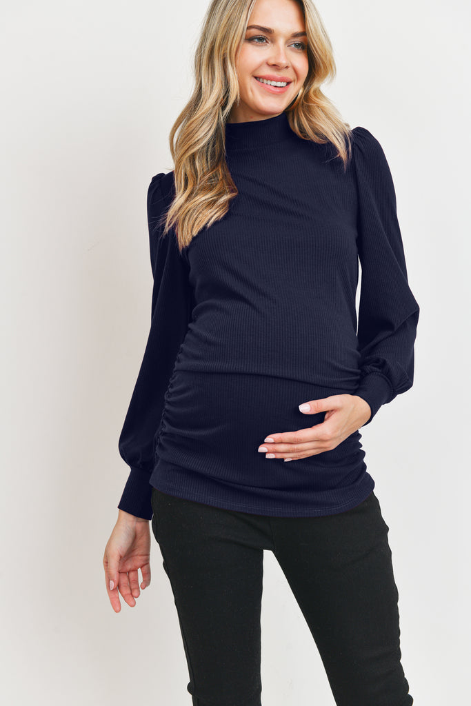 Navy Puff Shoulder Ribbed Maternity Mock Neck Top