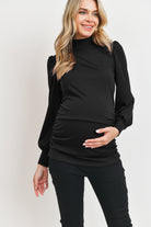 Black Puff Shoulder Ribbed Maternity Mock Neck Top