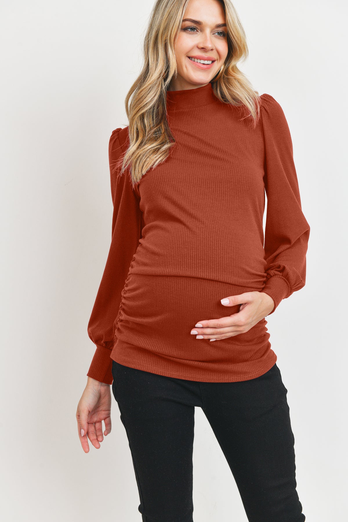 Rust Puff Shoulder Ribbed Maternity Mock Neck Top