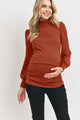Rust Puff Shoulder Ribbed Maternity Mock Neck Top