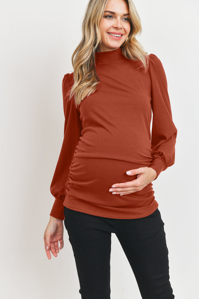 Rust Puff Shoulder Ribbed Maternity Mock Neck Top
