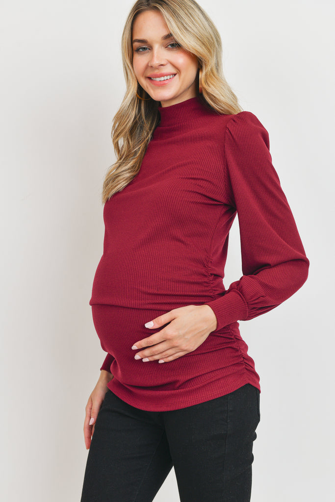 Burgundy Puff Shoulder Ribbed Maternity Mock Neck Top