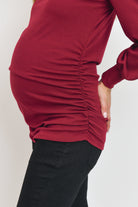 Burgundy Puff Shoulder Ribbed Maternity Mock Neck Top
