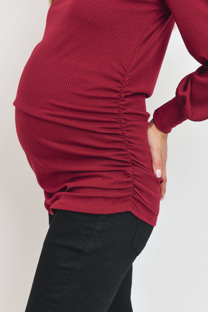 Burgundy Puff Shoulder Ribbed Maternity Mock Neck Top
