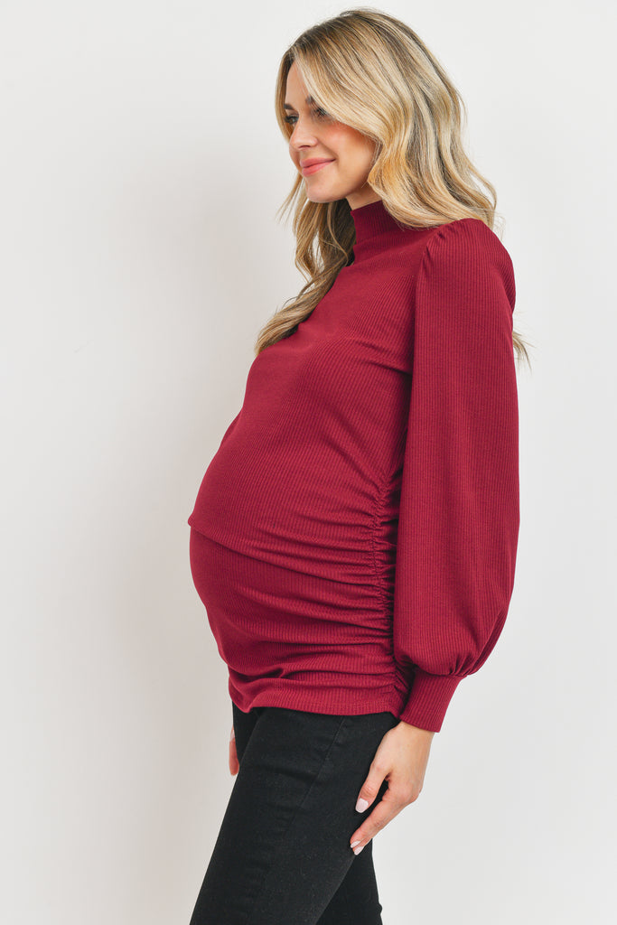 Burgundy Puff Shoulder Ribbed Maternity Mock Neck Top