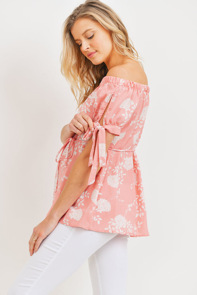 Blush Linen Floral Print Off Shoulder Maternity Blouse