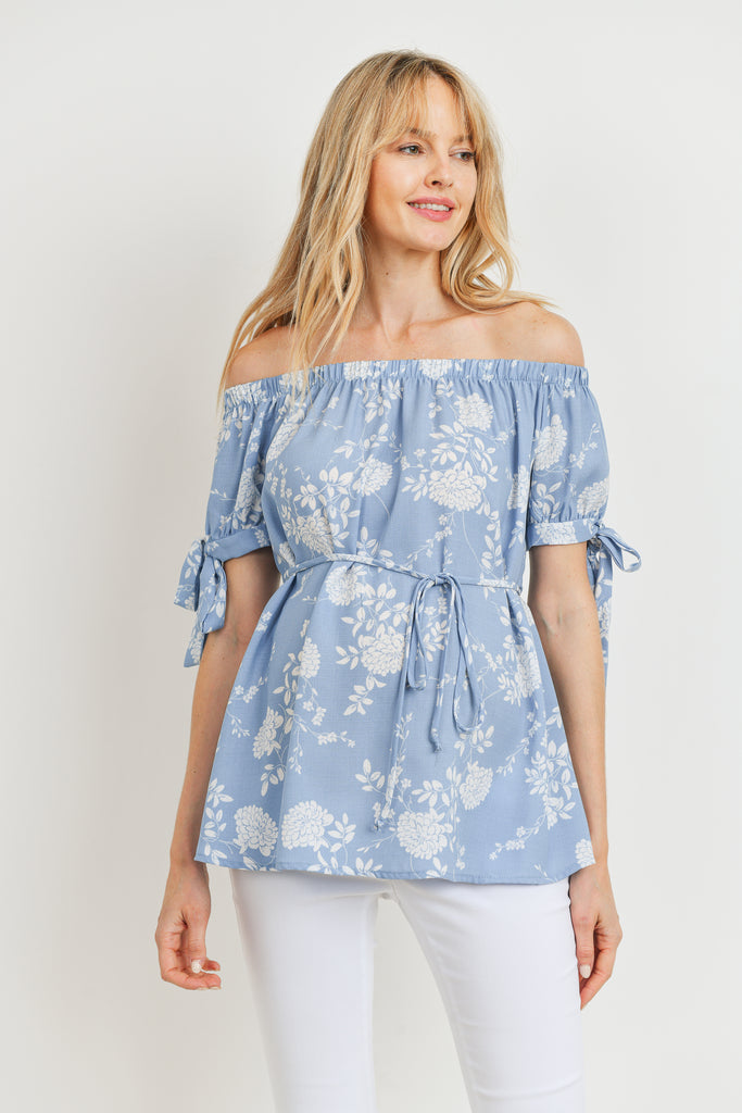 Blue Linen Floral Print Off Shoulder Maternity Blouse