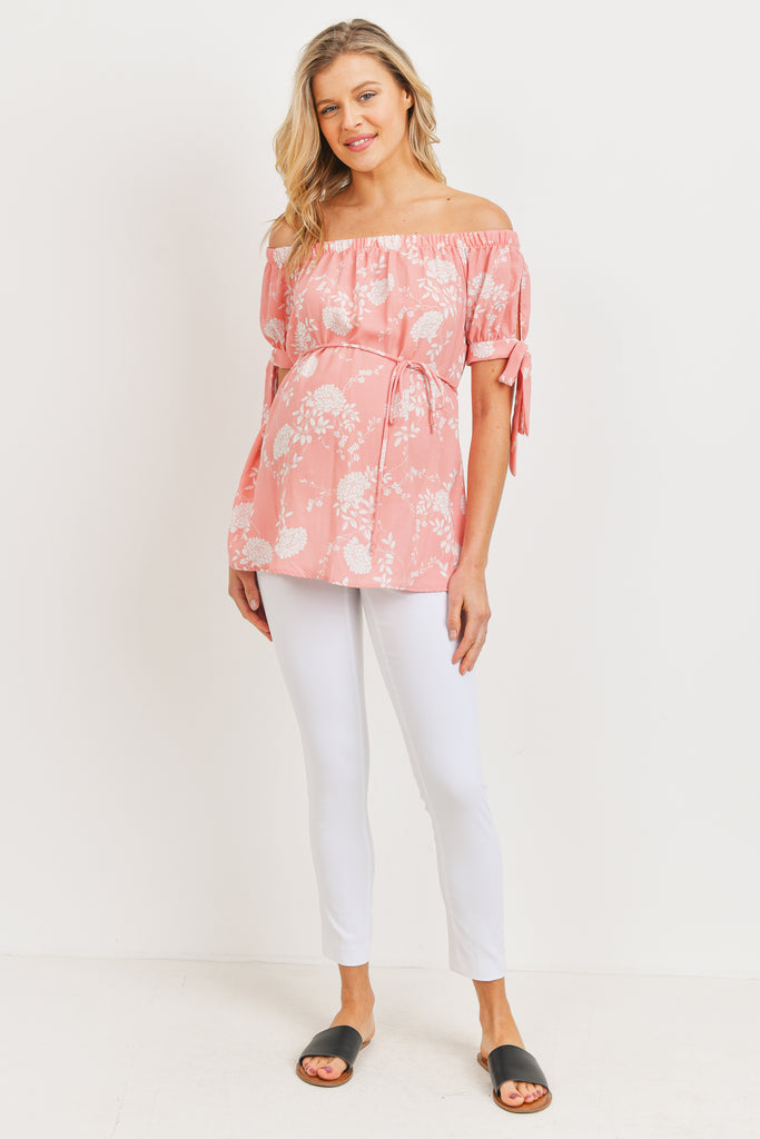 Blush Linen Floral Print Off Shoulder Maternity Blouse