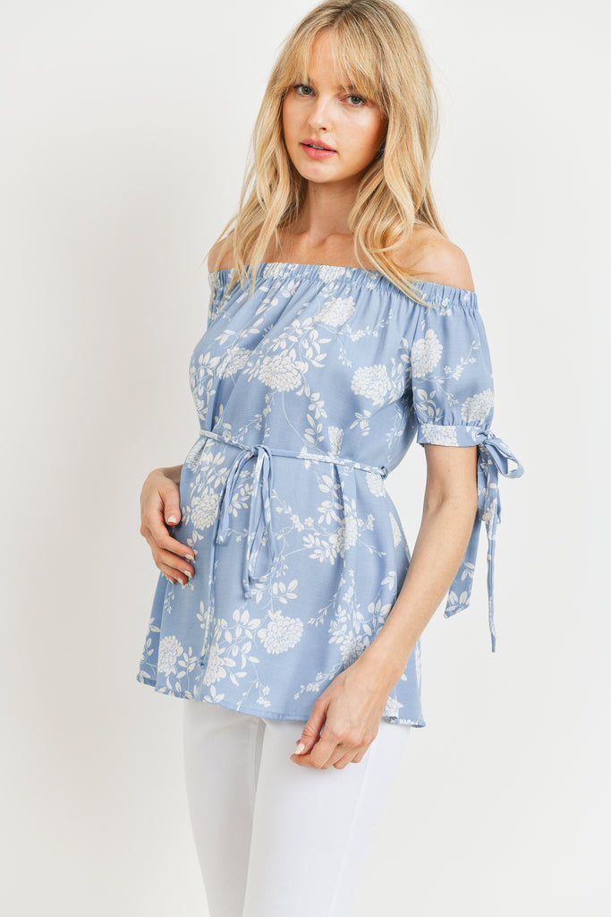 Blue Linen Floral Print Off Shoulder Maternity Blouse