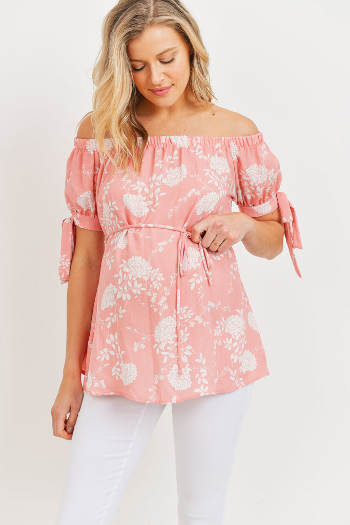 Blush Linen Floral Print Off Shoulder Maternity Blouse