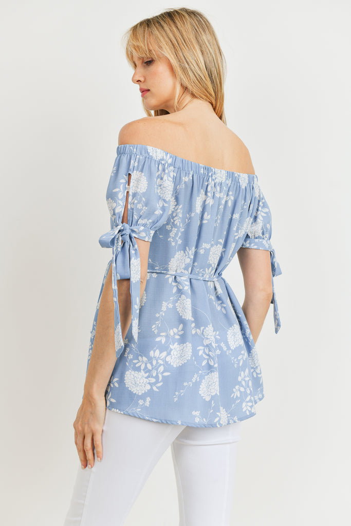 Blue Linen Floral Print Off Shoulder Maternity Blouse