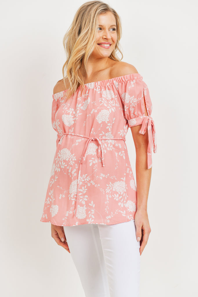 Blush Linen Floral Print Off Shoulder Maternity Blouse