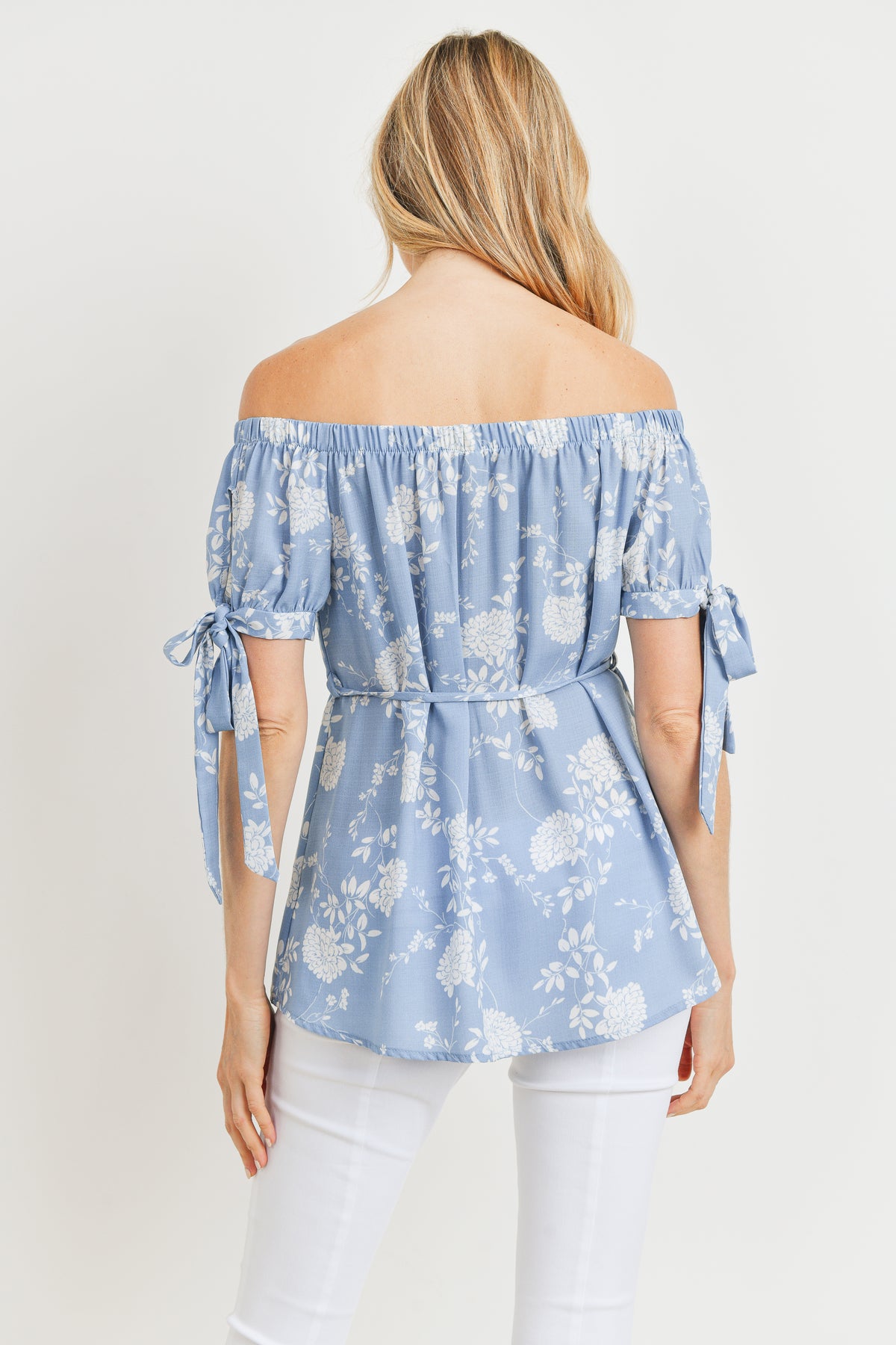 Blue Linen Floral Print Off Shoulder Maternity Blouse