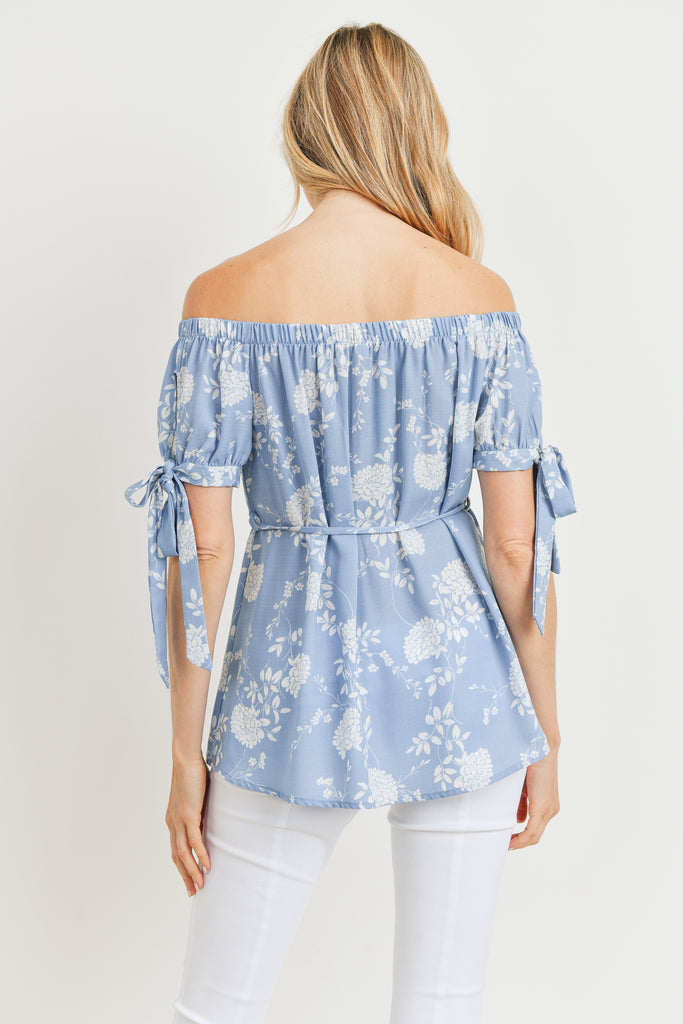 Blue Linen Floral Print Off Shoulder Maternity Blouse