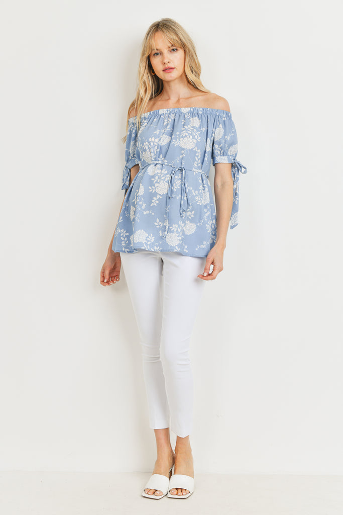 Blue Linen Floral Print Off Shoulder Maternity Blouse