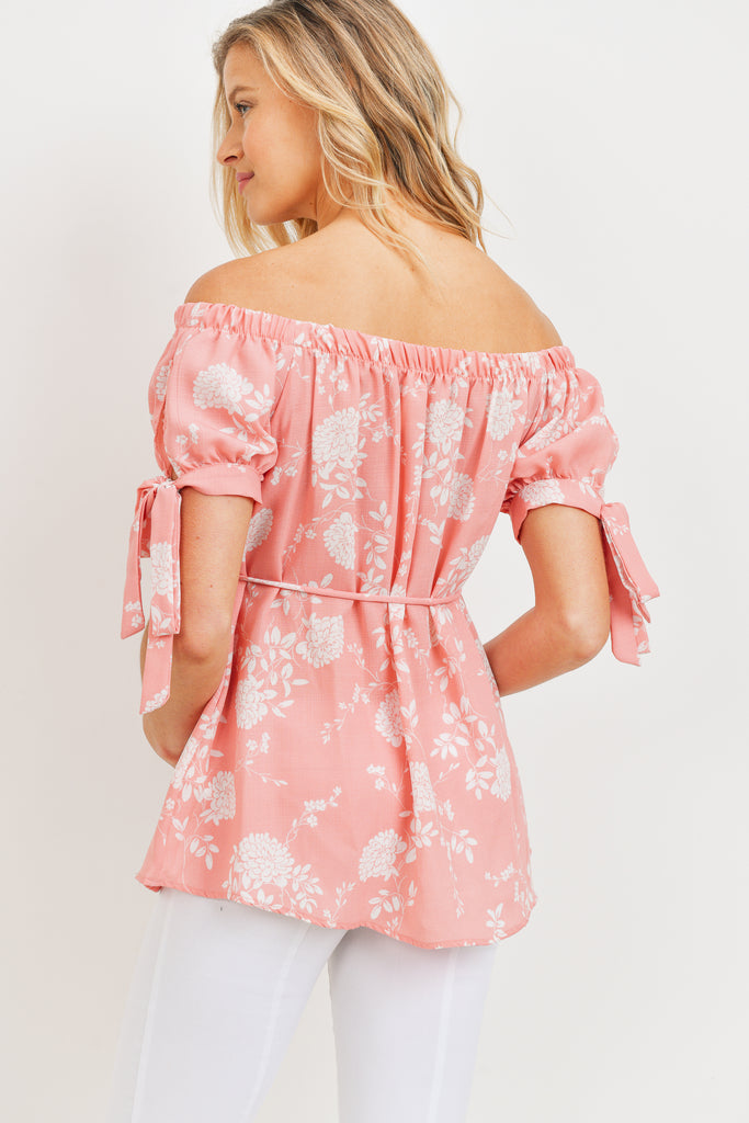 Blush Linen Floral Print Off Shoulder Maternity Blouse
