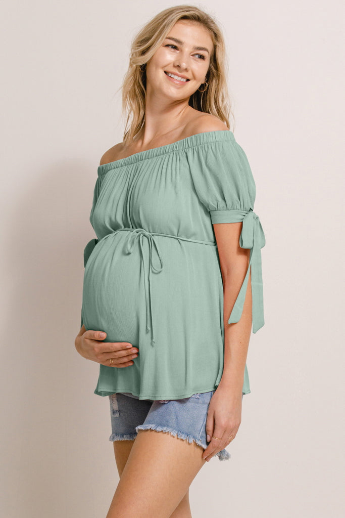 Sage Textured Rayon Off Shoulder Maternity Blouse