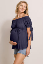 Navy Textured Rayon Off Shoulder Maternity Blouse