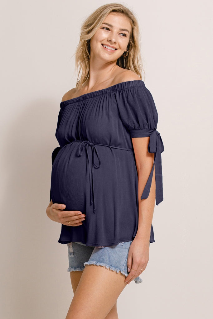 Navy Textured Rayon Off Shoulder Maternity Blouse