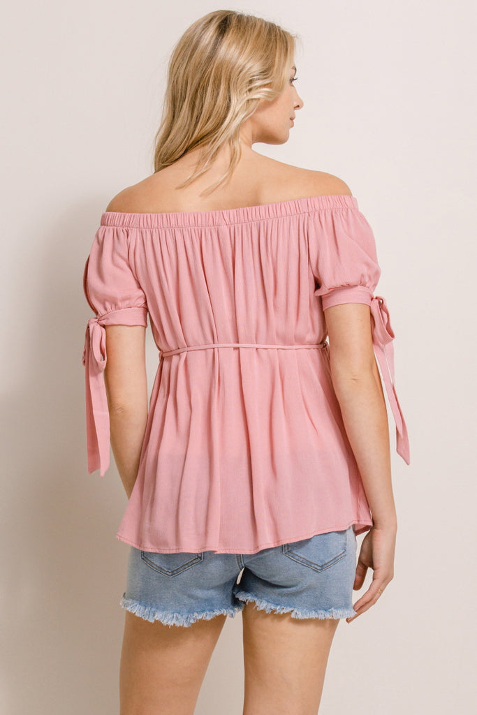 Mauve Textured Rayon Off Shoulder Maternity Blouse