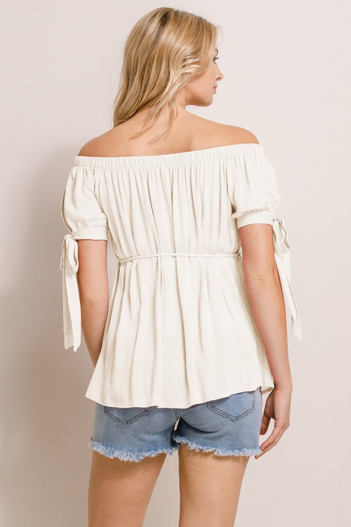 Cream Textured Rayon Off Shoulder Maternity Blouse
