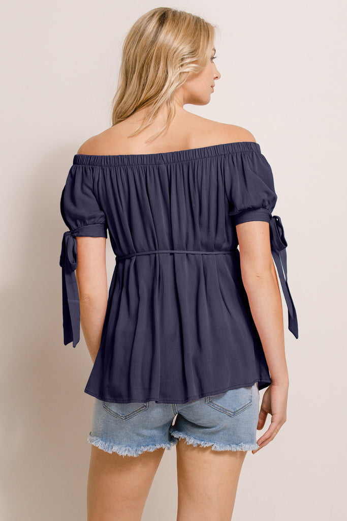 Navy Textured Rayon Off Shoulder Maternity Blouse