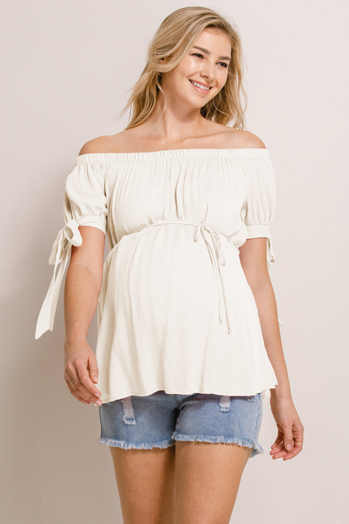 Cream Textured Rayon Off Shoulder Maternity Blouse