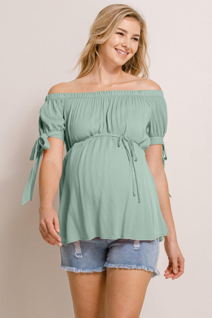 Sage Textured Rayon Off Shoulder Maternity Blouse