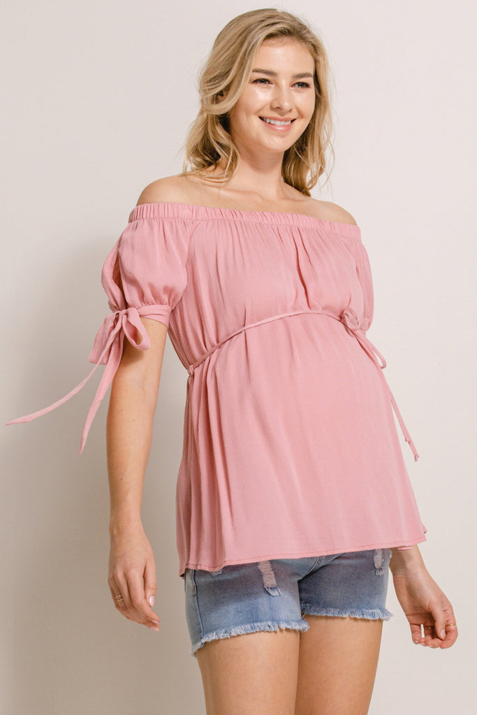 Mauve Textured Rayon Off Shoulder Maternity Blouse