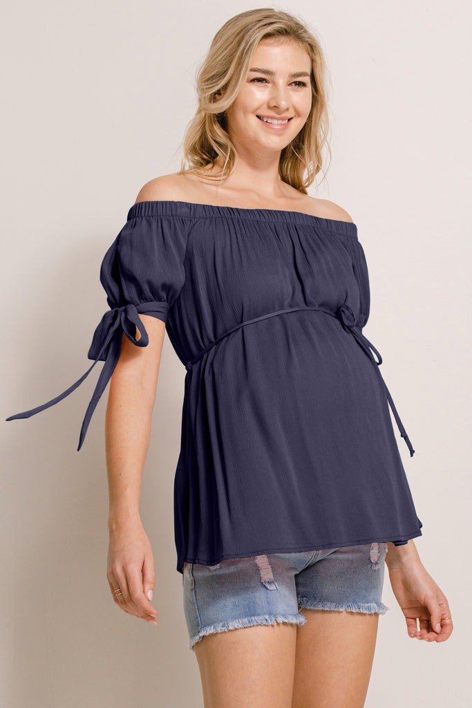 Navy Textured Rayon Off Shoulder Maternity Blouse
