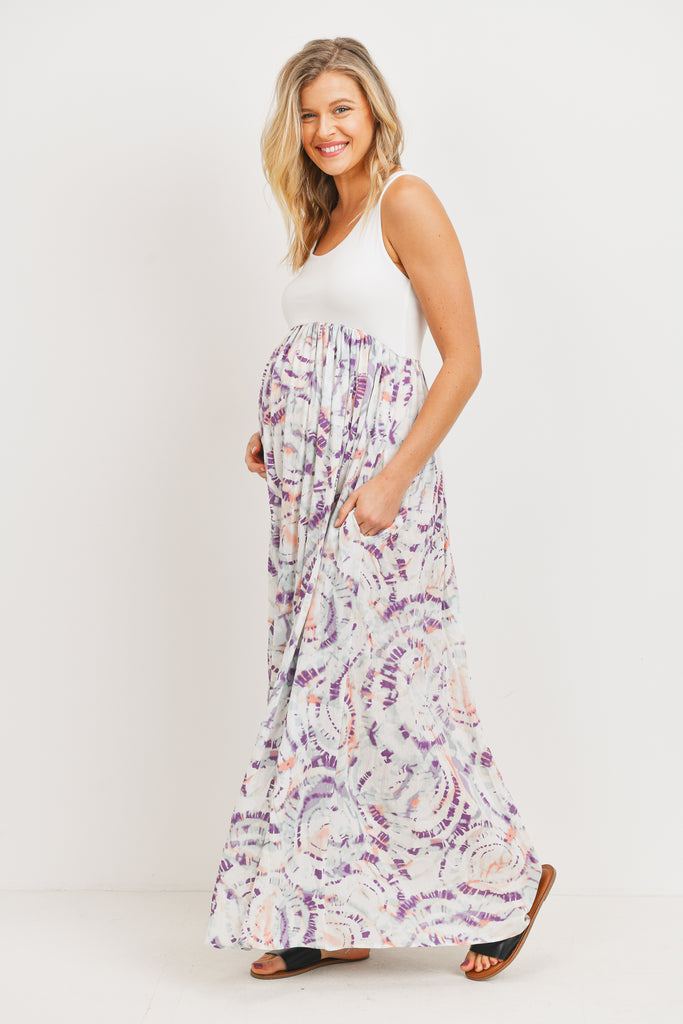 Sage/Ivory Color Block Tank Maternity Maxi Dress