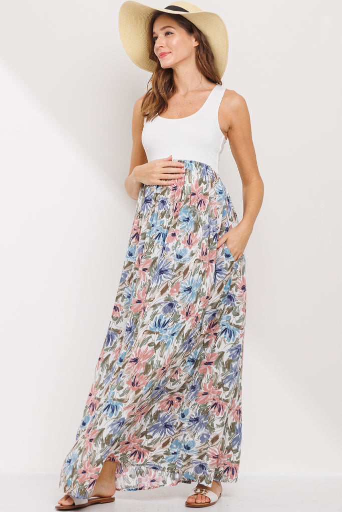 Ivory/Mauve Color Block Floral Print Tank Maternity Maxi Dress