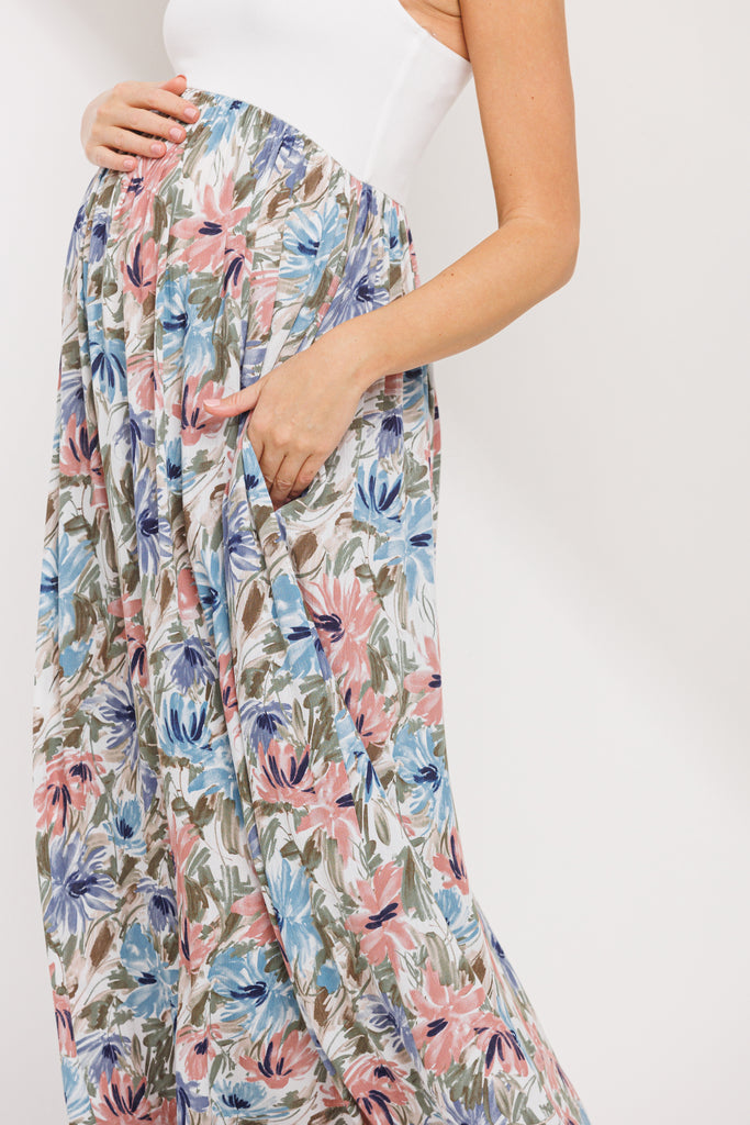 Ivory/Mauve Color Block Floral Print Tank Maternity Maxi Dress